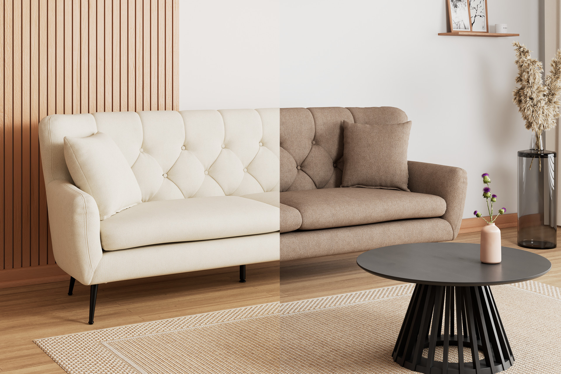 Links beiges Sofa, rechts dunkelbraunes Sofa, runder schwarzer Couchtisch