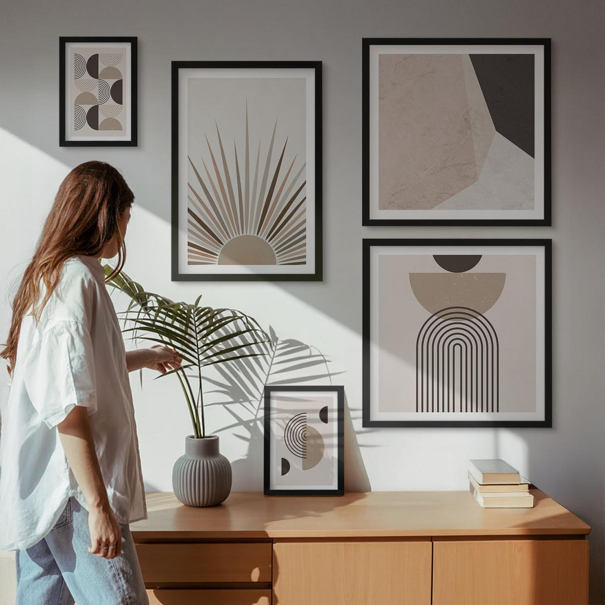 BILDER SET 5er Set - 50x50 cm & 20x30 cm & 40x60 cm Schwarzer Rahmen - Abstrakte beige und braune Formen - Schwarz, Kunststoff (40/60cm) - TULUP
