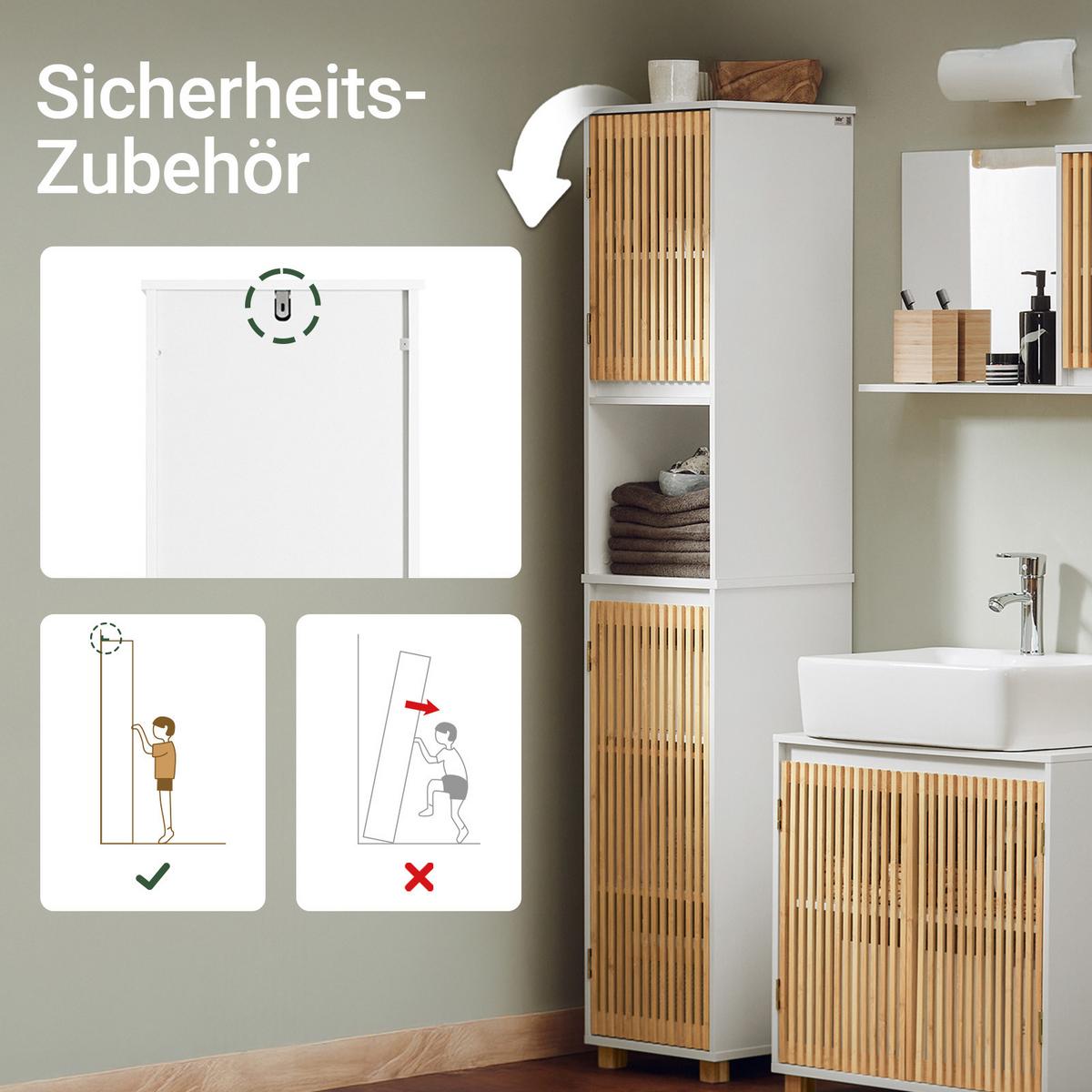 HOCHSCHRANK Weiß, Badschrank schmal mit Bambus-Massivholz-Türen, 33 x 165 cm, MDF (E1), für kleines Bad - Weiß/Naturfarben, Holz/Holzwerkstoff (33/165/33cm) - SoBuy