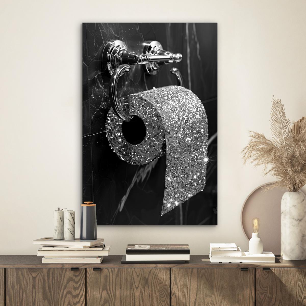 METALLBILD WC - Toilettenpapier - Schwarz und weiß - Glitter Deko Schlafzimmer 40x60 cm - Silberfarben, Metall (40/60cm) - MuchoWow