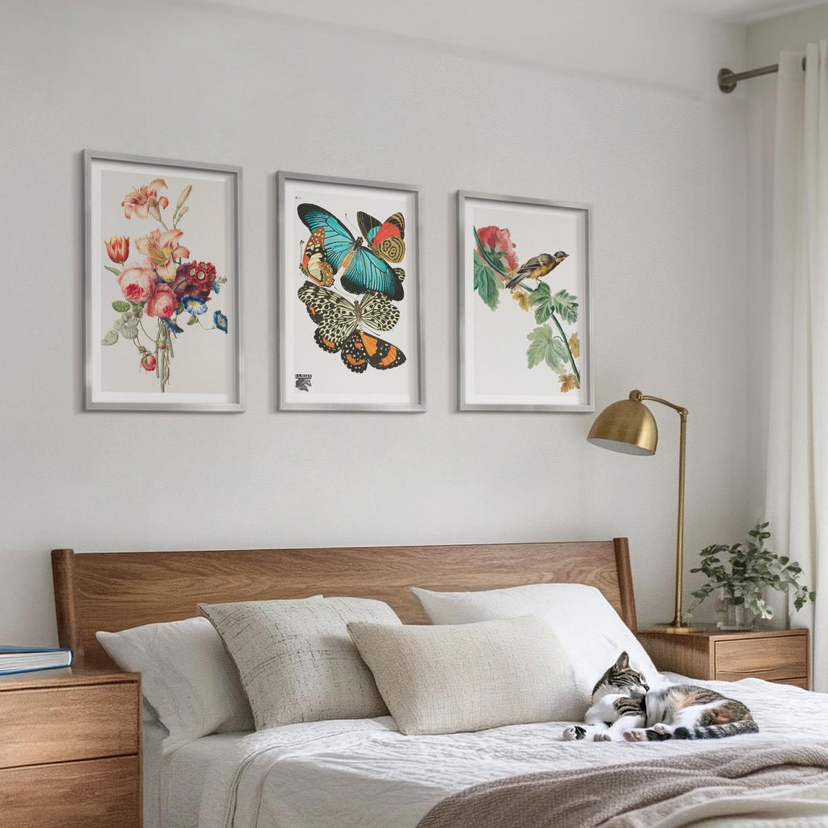 BILDER SET 3er Set - 40x60 cm Silberner Rahmen - Blumen, Schmetterlinge, Vögel, Pastellfarben - Silberfarben, Kunststoff (40/60cm) - TULUP