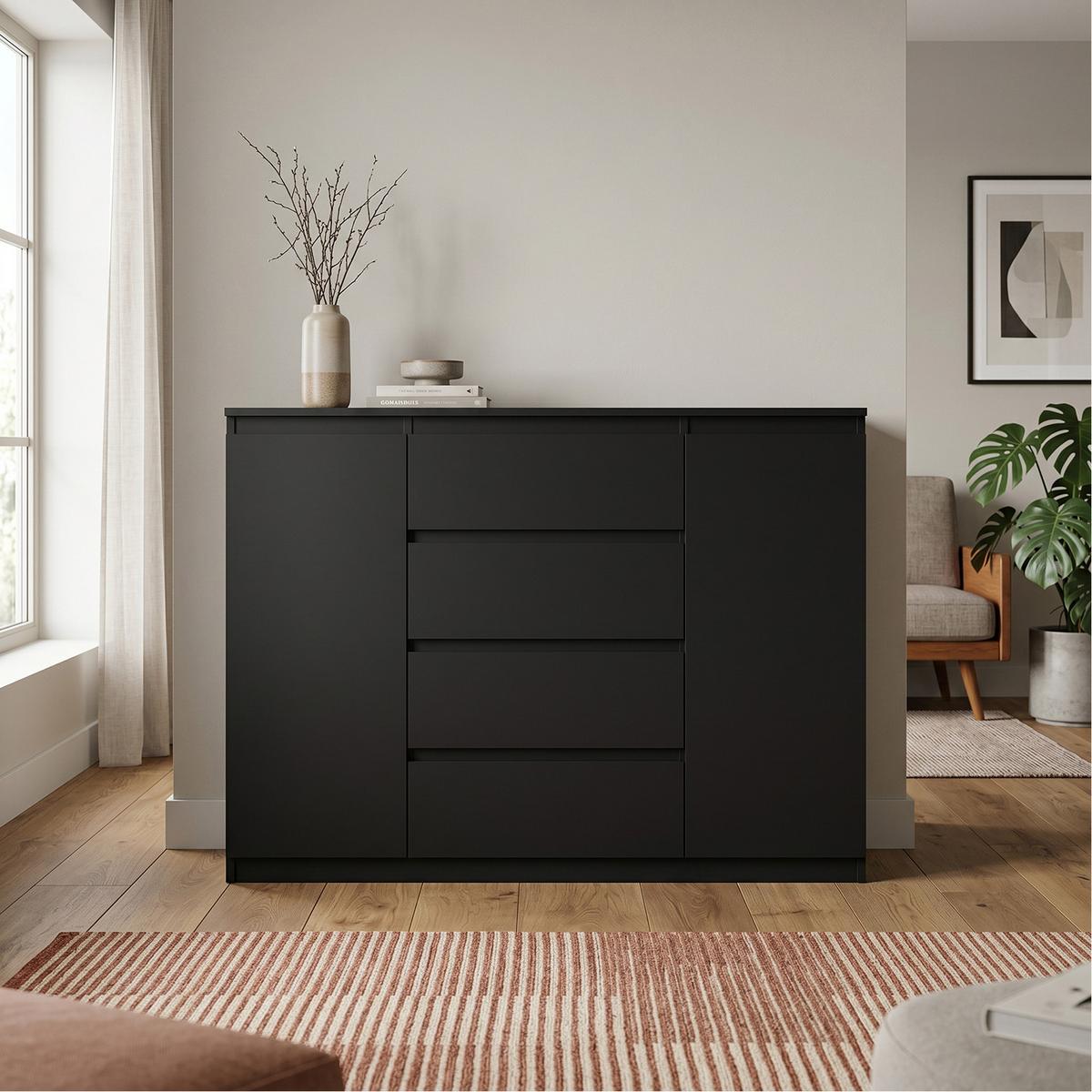 KOMMODE NUDO 120/101,5/39cm mit 4 Schubladen 2 Türen Schwarz - Schwarz, Holzwerkstoff (120/101.5/39cm) - MASSENO