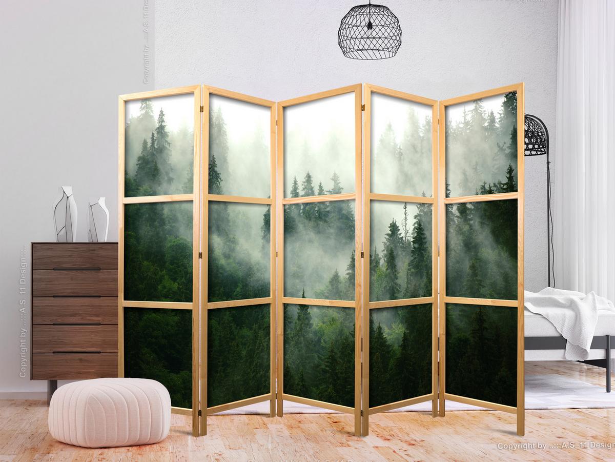 PARAVENT Japanischer 5-tlg 225x172 cm Wald Im Nebel - Grün, Holz/Textil (225/172/3cm) - Muralo