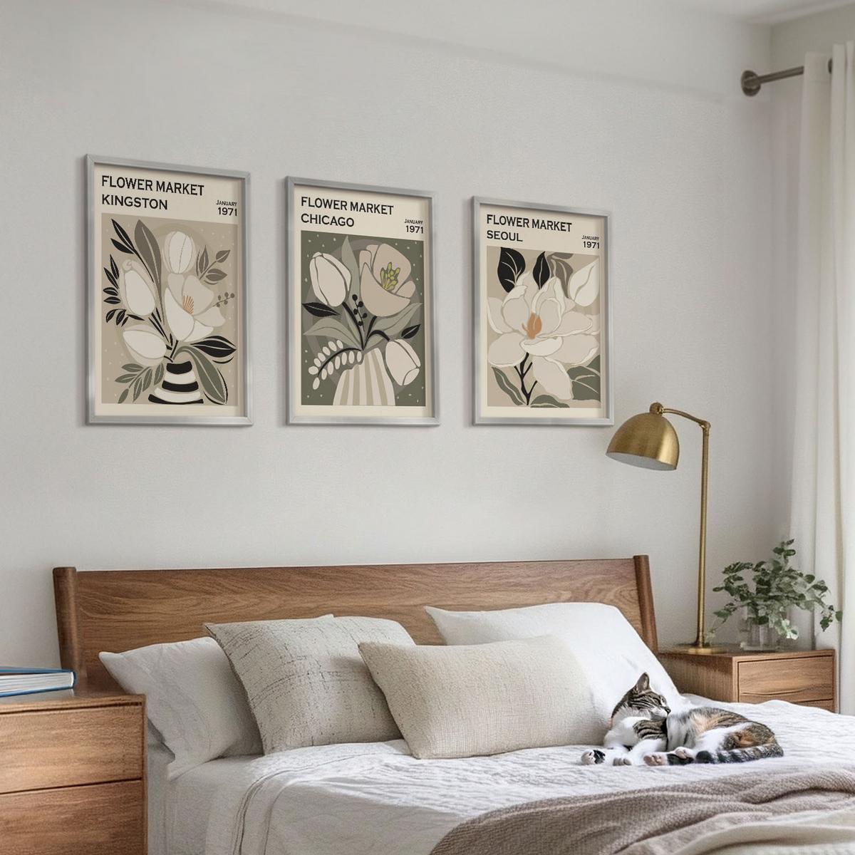 BILDER SET 3er Set - 40x60 cm Silberner Rahmen - Blumen Kingston Seoul Chicago Retro - Silberfarben, Kunststoff (40/60cm) - TULUP
