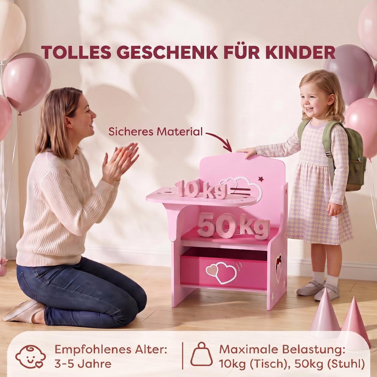 KINDERTISCH-MIT-STUHL MDF Vliesstoff Rosa - Rosa, Holzwerkstoff (51/59/58.5cm) - AIYAPLAY