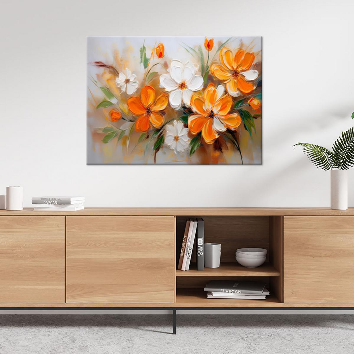 WANDBILD weiße und orangefarbene wildblumen - Orange, Textil (60/40cm) - Feeby