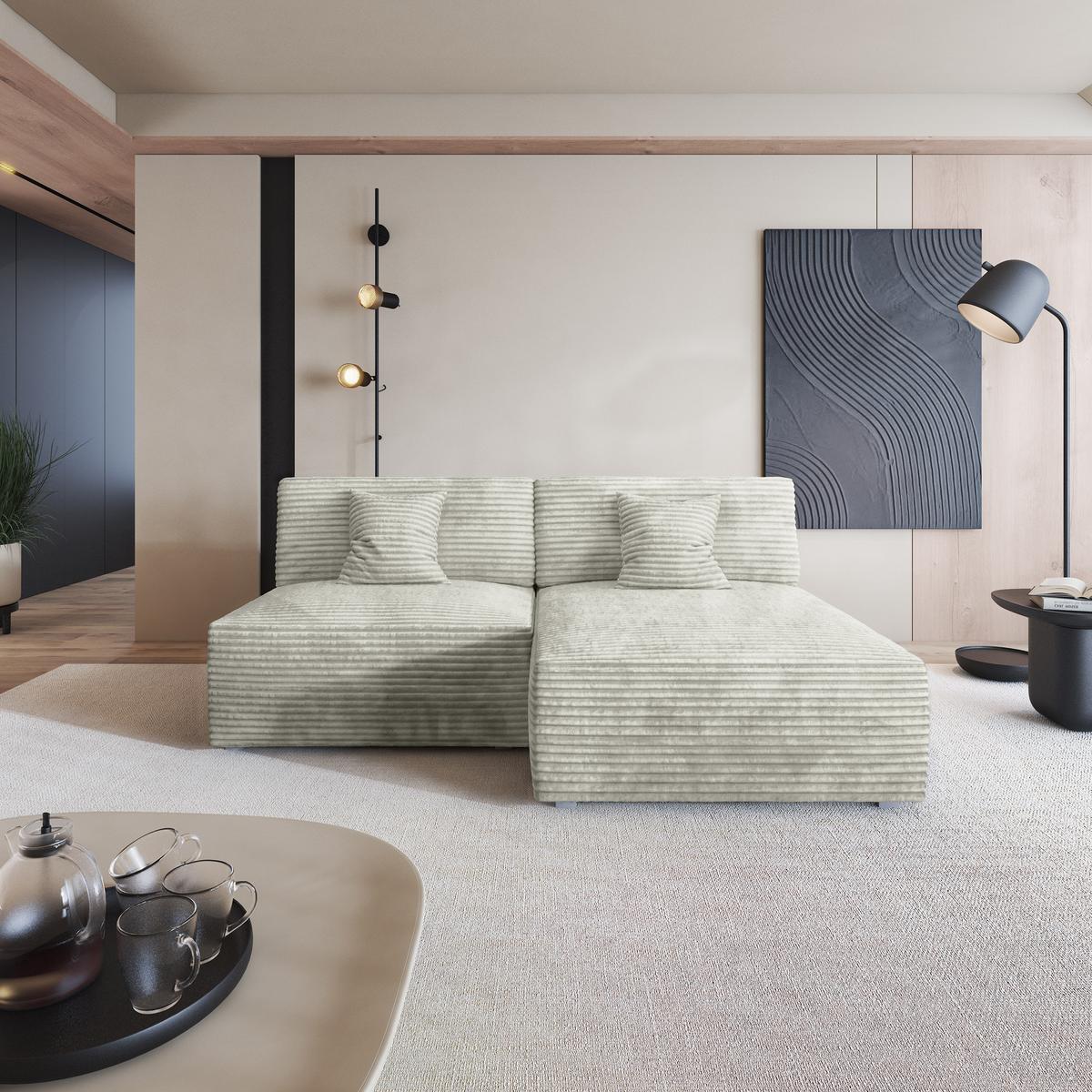 ECKSOFA FIORO Hellgrau Kordstoff mit Schlaffunktion - Silberfarben, Holz (204/148cm) - MASSENO