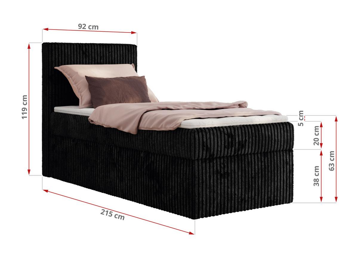 BOXBETT TILIANO 90/200 - Schwarz Cord - H3 - Rechts - Schwarz, Textil (90/200cm) - MKS