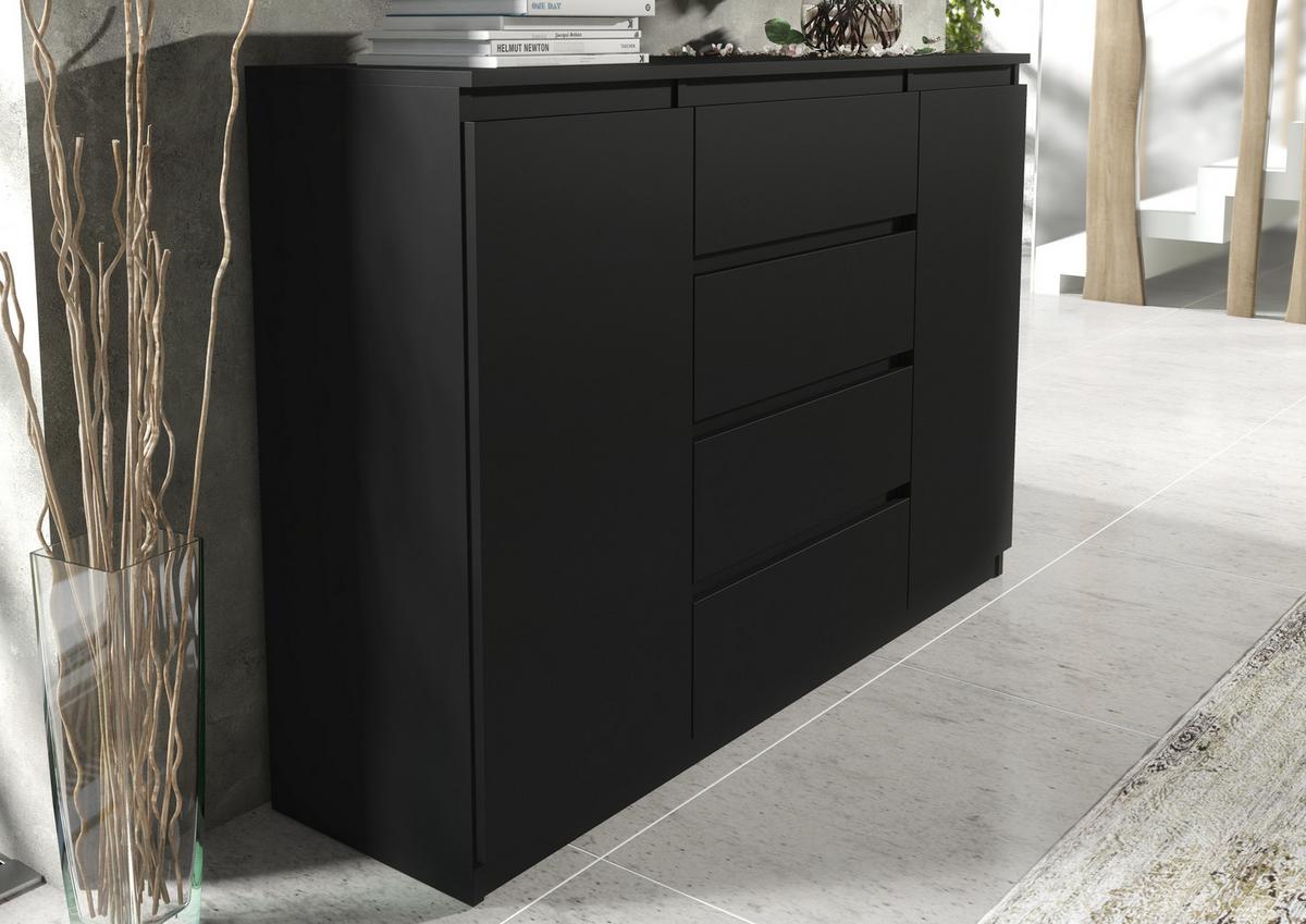 KOMMODE NUDO 120/101,5/39cm mit 4 Schubladen 2 Türen Schwarz - Schwarz, Holzwerkstoff (120/101.5/39cm) - MASSENO