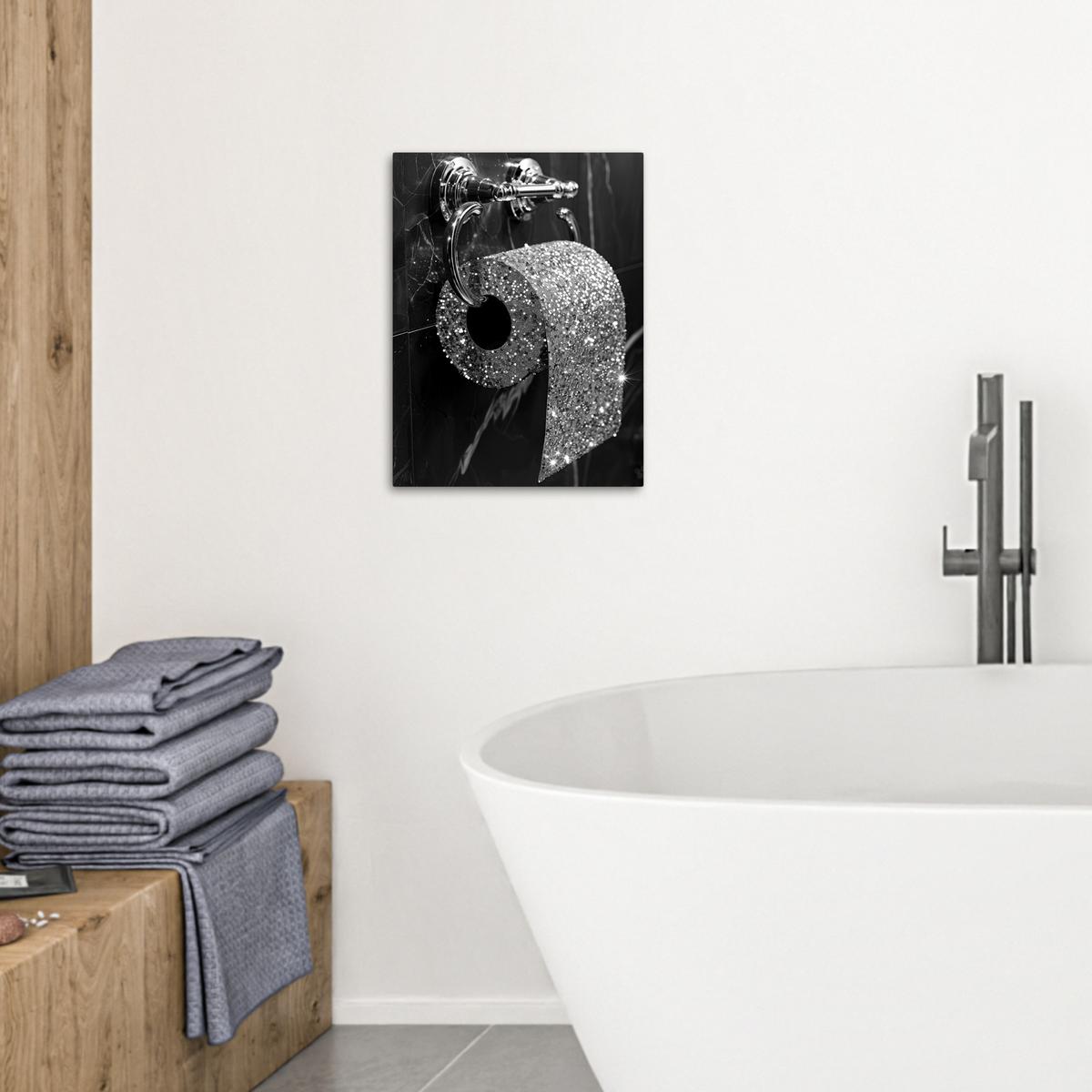 LEINWANDBILD WC - Toilettenpapier - Schwarz und weiß - Glitter Room Decor 30x40 cm - Silberfarben, Textil (30/40cm) - MuchoWow
