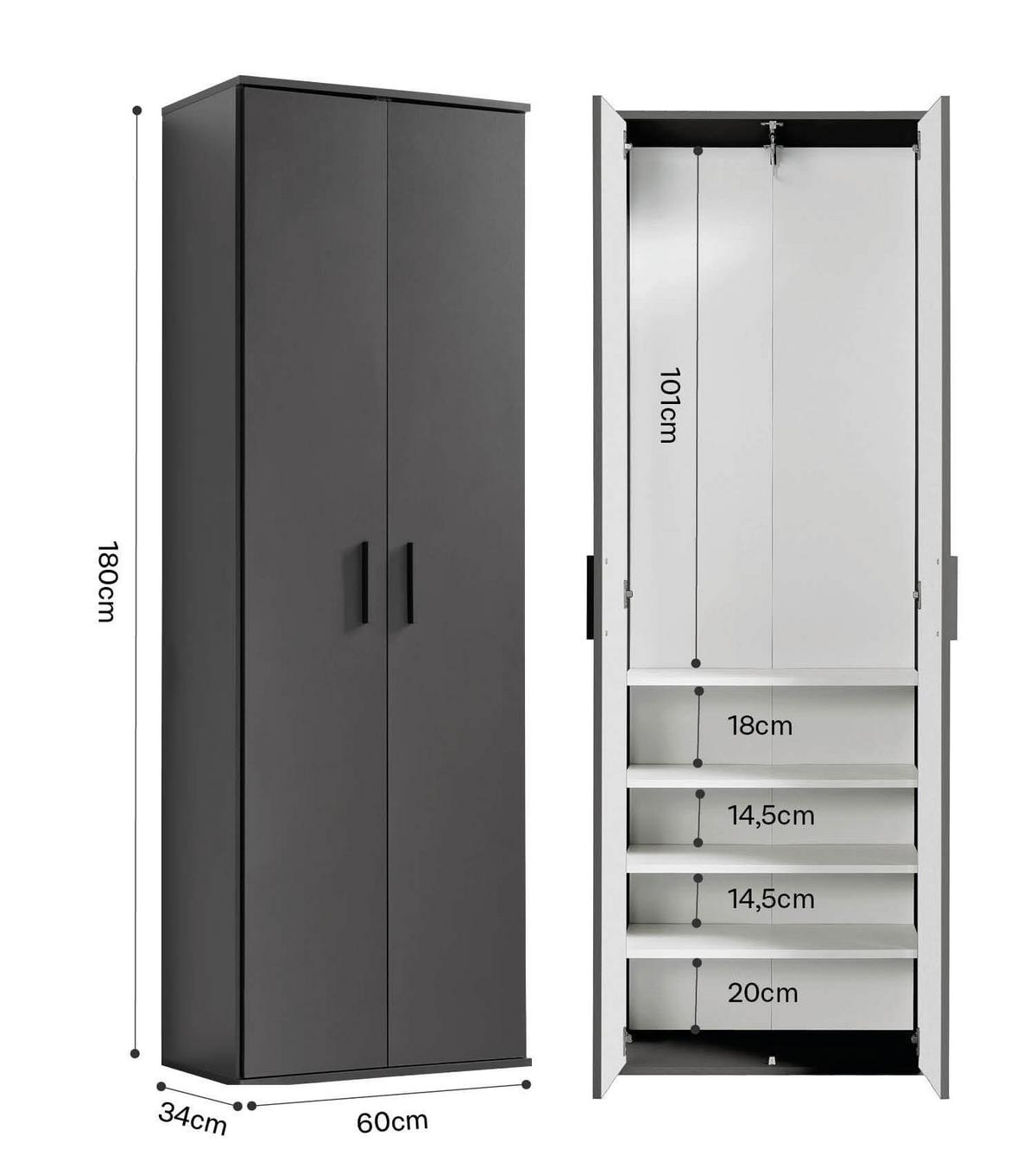 GARDEROBENSCHRANK Der Lange - Anthrazit/Schwarz, Holzwerkstoff (60/180/34cm) - Mokebo