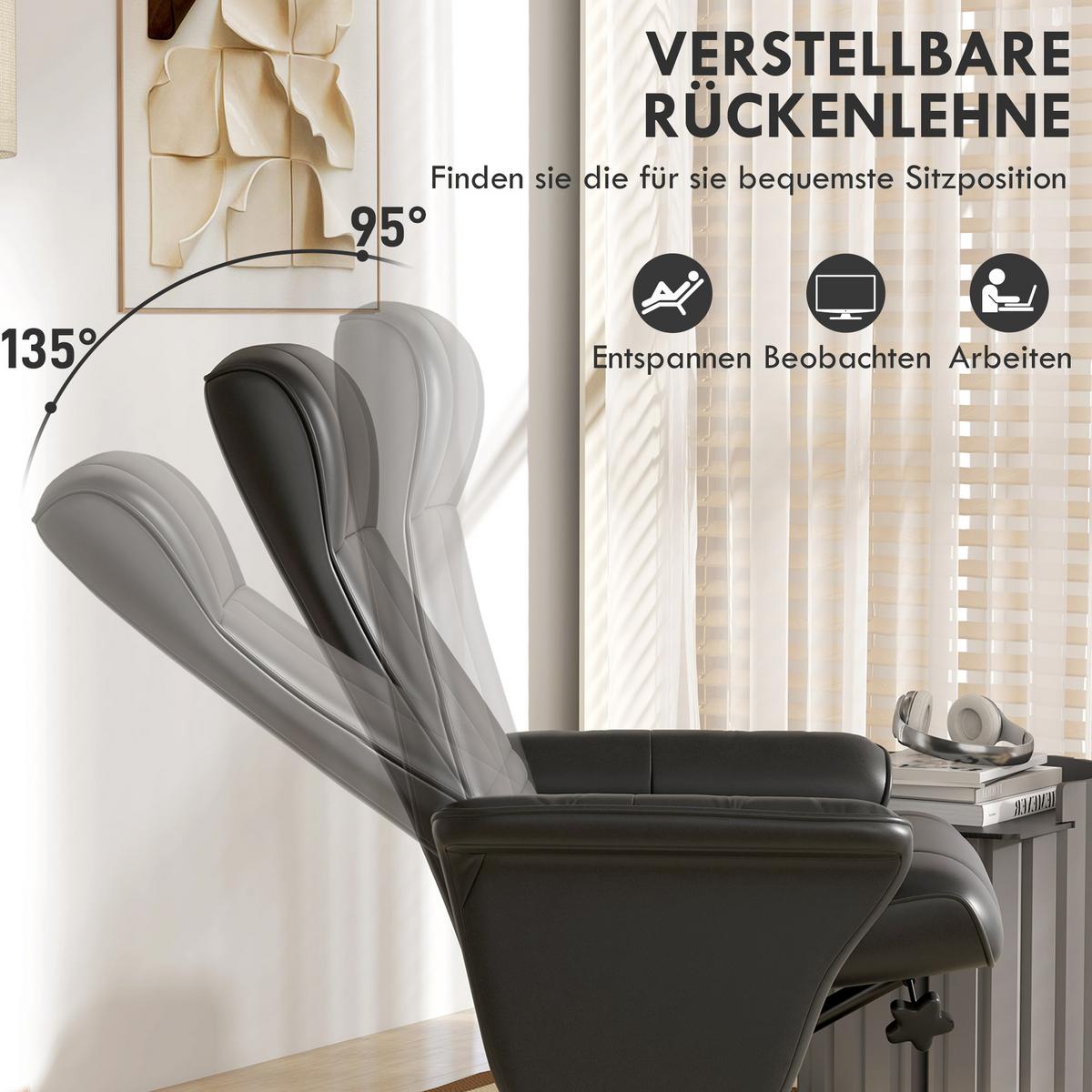 RELAXSESSEL mit Hocker Drehbarer Fernsehsessel mit Liegefunktion Mikrofasertuch - Schwarz, Textil/Metall (71/104/69cm) - HOMCOM