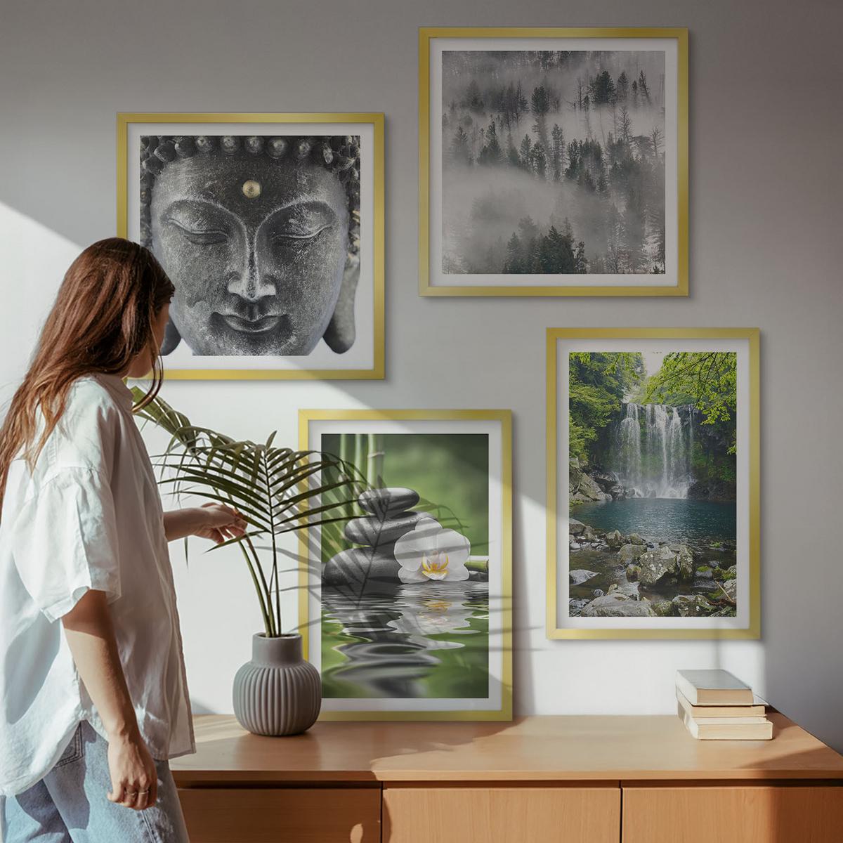 BILDER SET 4er Set - 50x50 cm & 40x60 cm Goldrahmen - Harmonie der Natur, Steine, Wasser, Buddha - Goldfarben, Kunststoff (50/50cm) - TULUP