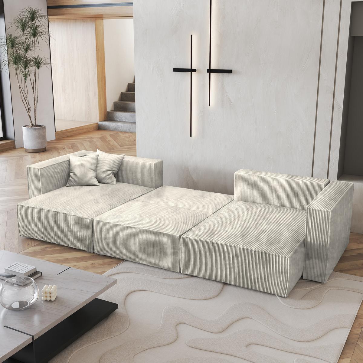 WOHNLANDSCHAFT SARMO P Creme Kordstoff mit Schlaffunktion - Creme/Grau, Holz/Kunststoff (347/70/148cm) - MASSENO