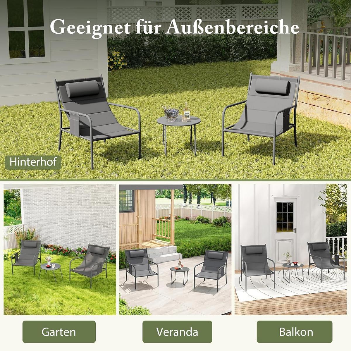 GARTENMÖBEL Set Grau(3-teilig) - Grau, Metall - COSTWAY