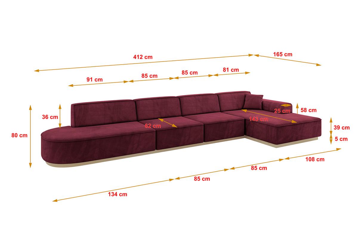 ECKSOFA Ottomane Rechts IREA-L3 - 412x165x80 cm Bordeauxrot - Bordeaux, Holzwerkstoff/Textil (412/165cm) - ALTDECOR