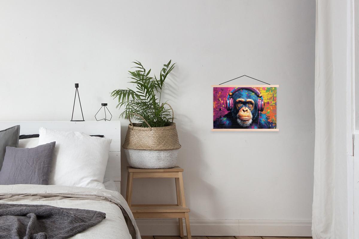 POSTER MIT MAGNETLEISTEN Graffiti - Schimpanse - Straßenkunst - Kopfhörer - Affe Wandbilder 60x40 cm - Blau, Textil (60/40/0.15cm) - MuchoWow