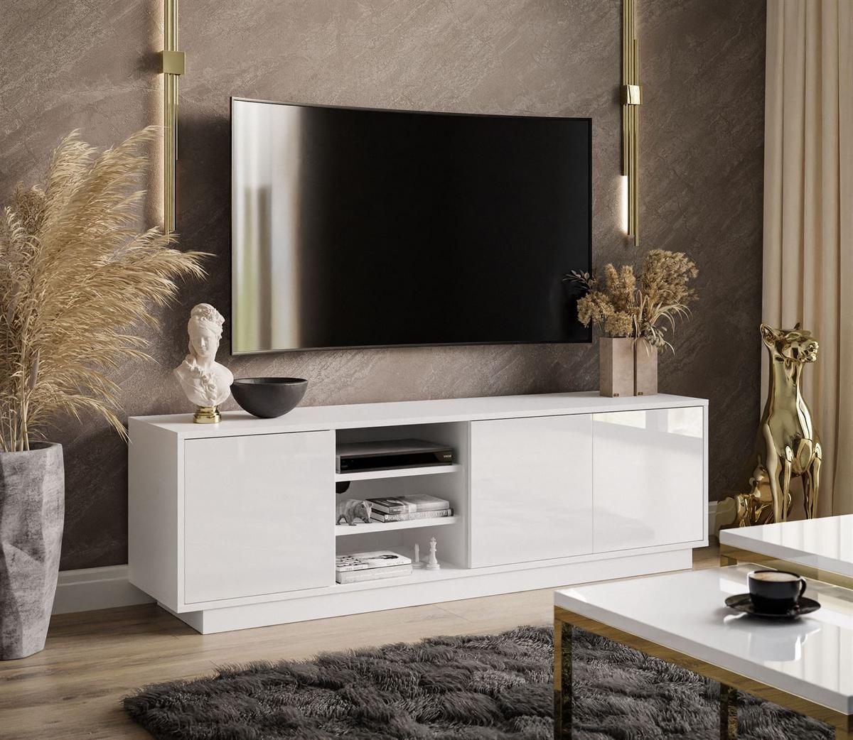TV-ELEMENT SANAYI auf Sockel mit Regalen Hochglanz Weiß - Weiß Hochglanz/Weiß, Holzwerkstoff (156/47/38cm) - Lookway