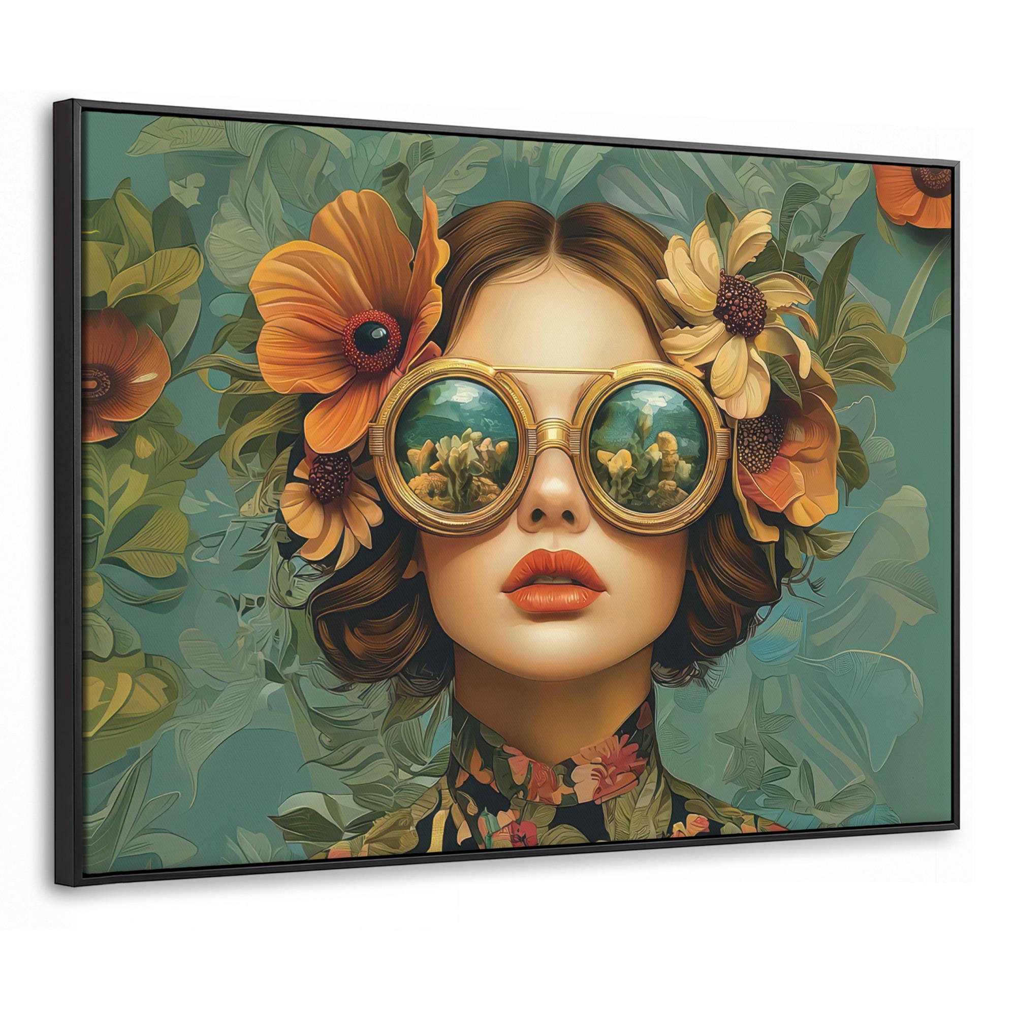 LEINWAND Bilder mit Rahmen - Frau - Blumen - Schmetterlinge - Natur - Vintage - 70x50 - Salbeigrün, Textil (70/50cm) - MuchoWow