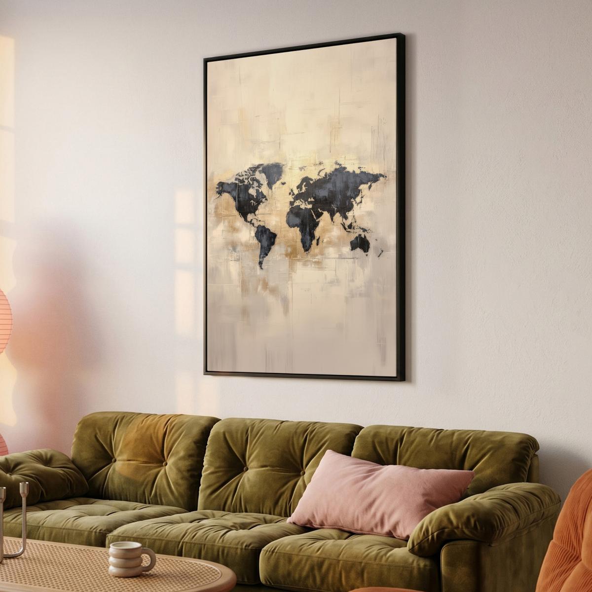 LEINWAND Bilder mit Rahmen - Weltkarte - Gold - Schwarz - Abstrakt - 90x140 - Kupferfarben, Textil (90/140cm) - MuchoWow