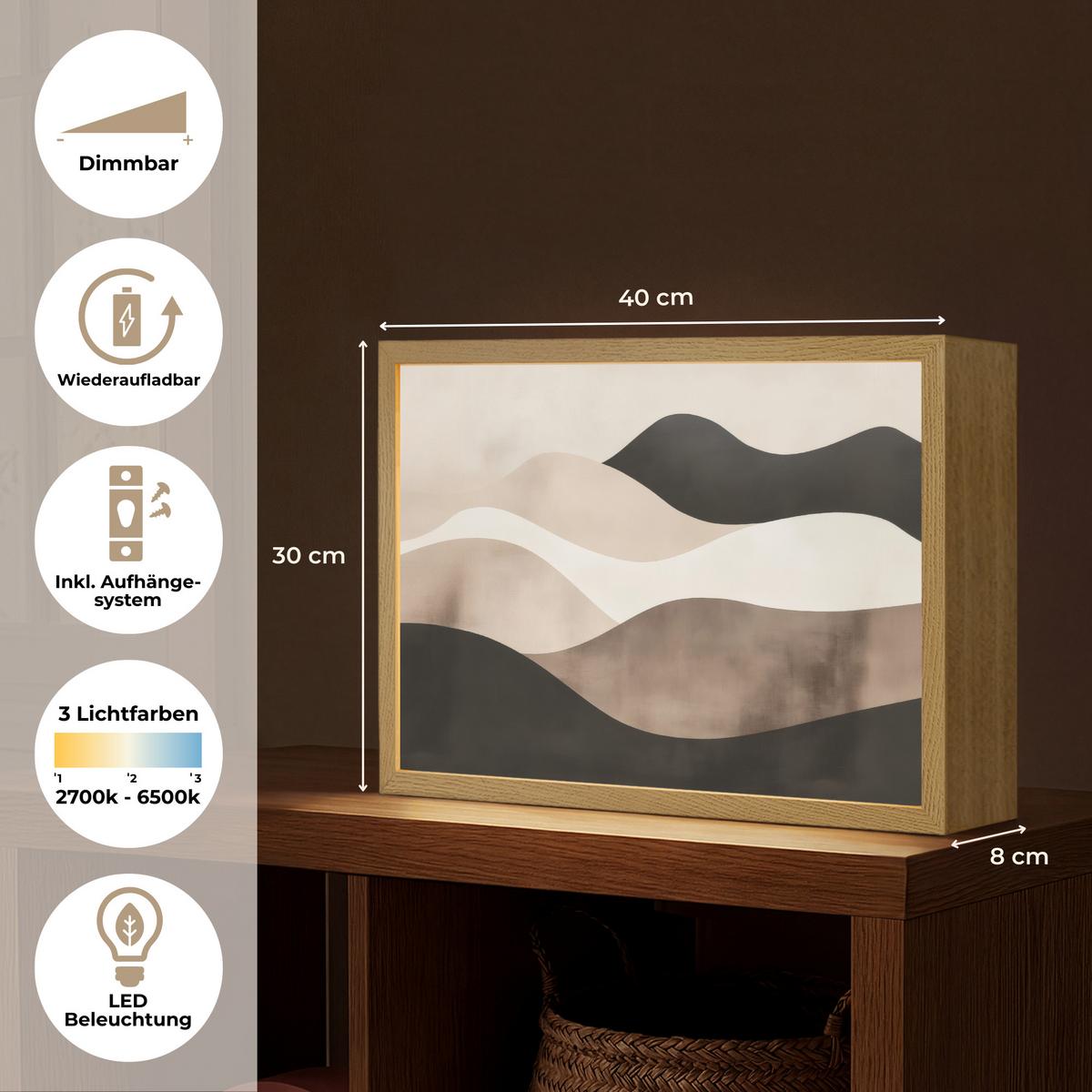 WANDLEUCHTE MIT AKKU Abstrakt - Landschaft - Wellen - Cremefarben 40x30 cm - Graubraun, Holzwerkstoff (40/30/8cm) - OnlyWow