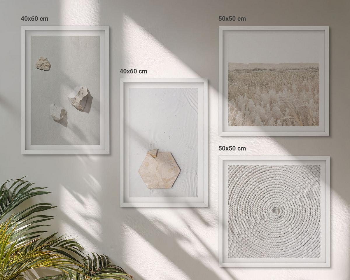 BILDER SET 4er Set - 50x50 cm & 40x60 cm Weißer Rahmen - Leichte Boho-Sandtexturen - Weiß, Kunststoff (50/50cm) - TULUP