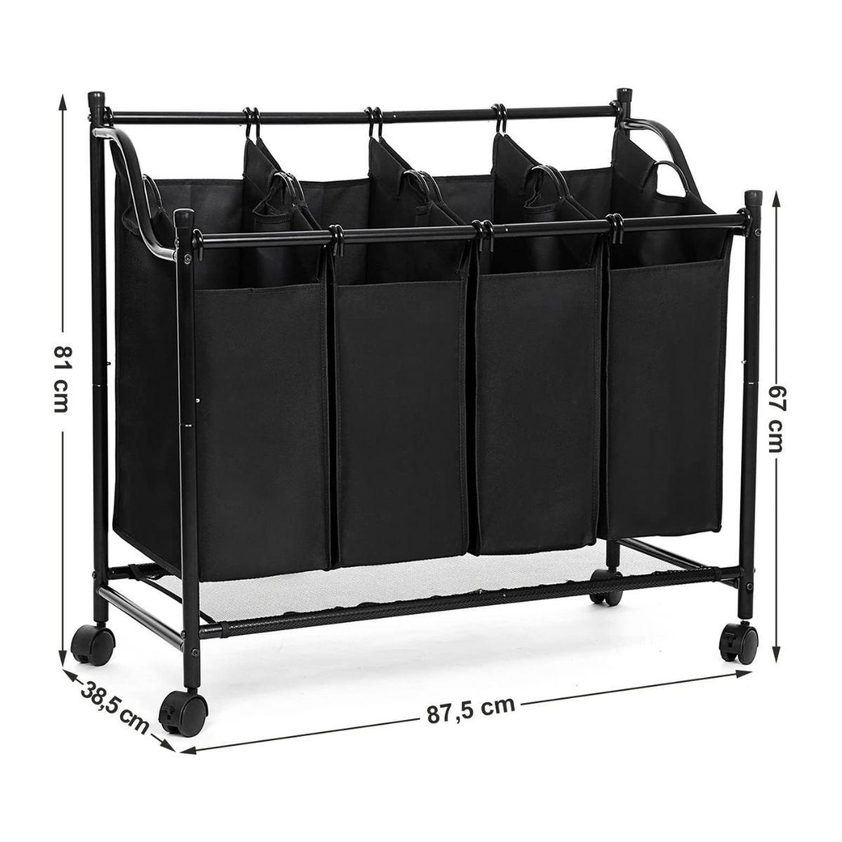 WÄSCHEKORB mit 4 abnehmbaren schwarzen Taschen auf Rädern - L87,5 cm - Grau, Metall (81/38.5/41.5cm) - Calicosy