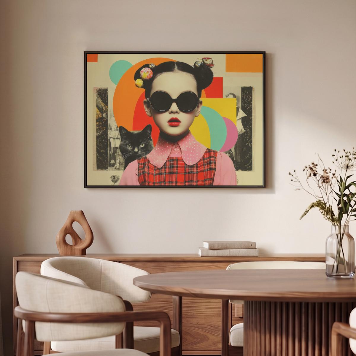 LEINWAND Bilder mit Rahmen - Mädchen - Sonnenbrille - Katze - Retro - 80x60 - Beige, Textil (80/60cm) - MuchoWow