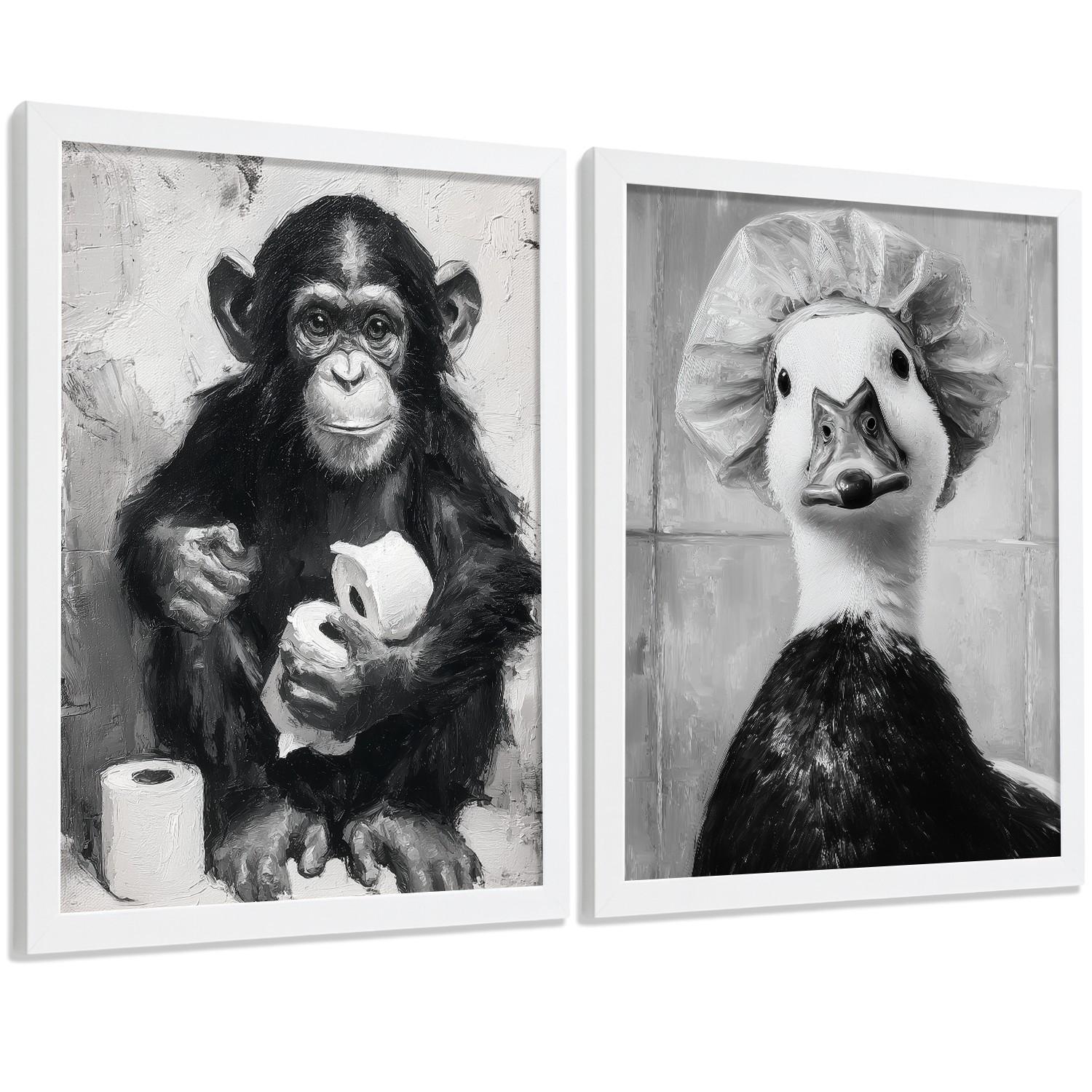 POSTER 2er-Set lustige Tiermotive in Schwarz-Weiß fürs Badezimmer, witzige für Toilette, Bad und Waschbecken, minimalistischer Stil Weißer Rahmen A4 - Weiß, Papier (29.7/21/3cm) - Nacnic