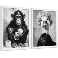POSTER 2er-Set lustige Tiermotive in Schwarz-Weiß fürs Badezimmer, witzige für Toilette, Bad und Waschbecken, minimalistischer Stil Weißer Rahmen A4 - Weiß, Papier (29.7/21/3cm) - Nacnic