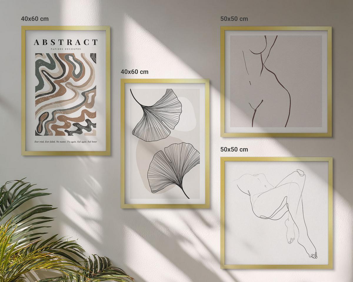 BILDER SET 4er Set - 50x50 cm & 40x60 cm Goldrahmen - Abstrakte Boho-Blattformen - Goldfarben, Kunststoff (50/50cm) - TULUP