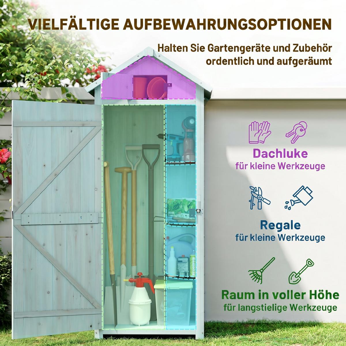 GARTENSCHRANK Geräteschuppen mit Fachböden, Asphaltdach Fenster, Holz, Hellblau+Grün - Hellblau, Holz (54.2/179/77cm) - Outsunny