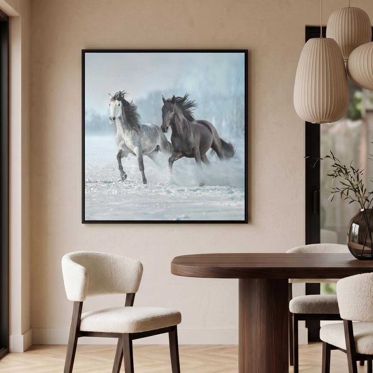 LEINWAND Bilder mit Rahmen - Pferde - Winter - Tiere - Natur - Schnee - 90x90 - Anthrazit, Textil (90/90cm) - MuchoWow
