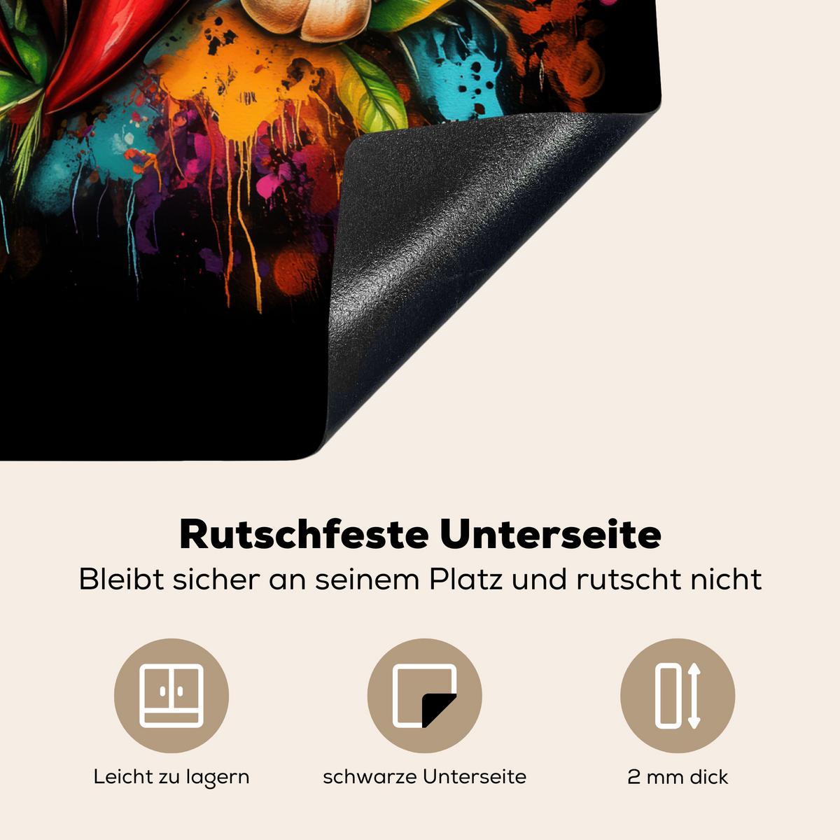 HERDABDECKPLATTE Gemüse - Paprika - Knoblauch - Graffiti - Farbe - Bunt Ceranfeldabdeckung 59x52 cm - Rot, Kunststoff (59/52/0.2cm) - MuchoWow
