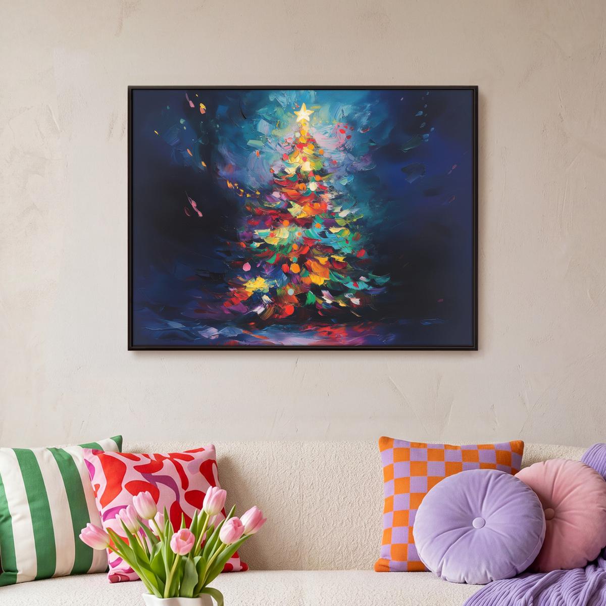 LEINWAND Bilder mit Rahmen - Weihnachtsbaum - Weihnachten - Abstrakt - Farbenfroh - 80x60 - Multicolor, Textil (80/60cm) - MuchoWow