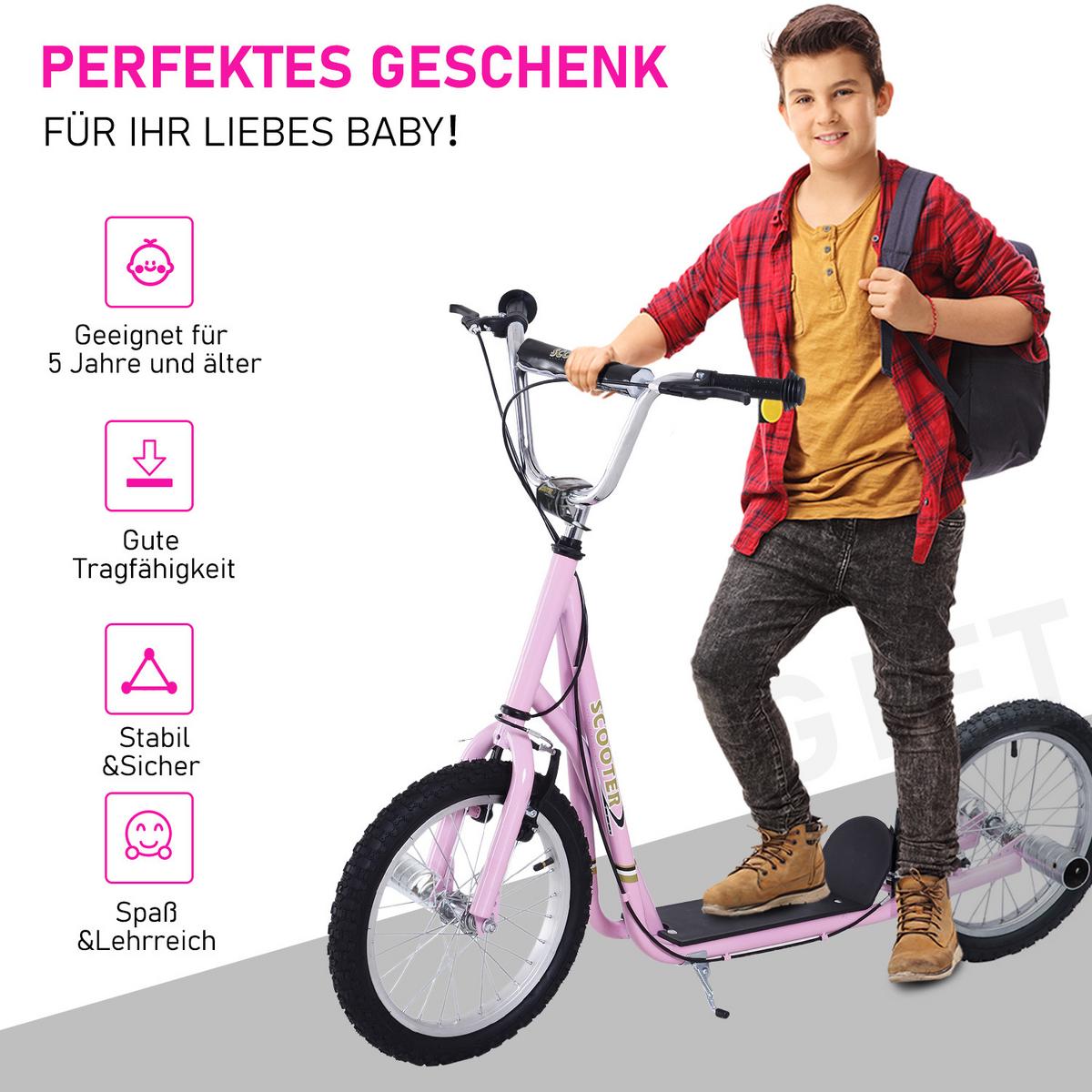 KINDERROLLER mit Luftreifen Scooter Roller Kinder Roller Kickboard 16 Zoll Rosa - Rosa, Metall (143/58/100cm) - HOMCOM