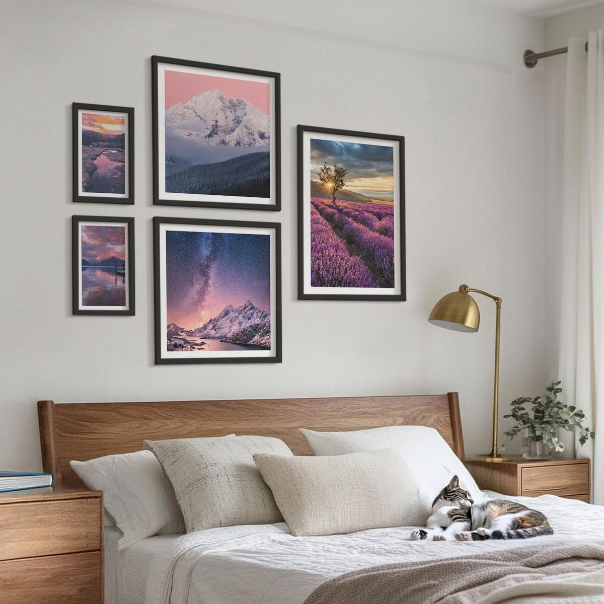 BILDER SET 5er Set - 50x50 cm & 20x30 cm & 40x60 cm Schwarzer Rahmen - Nachtstädte mit Neonlichtern - Schwarz, Kunststoff (40/60cm) - TULUP
