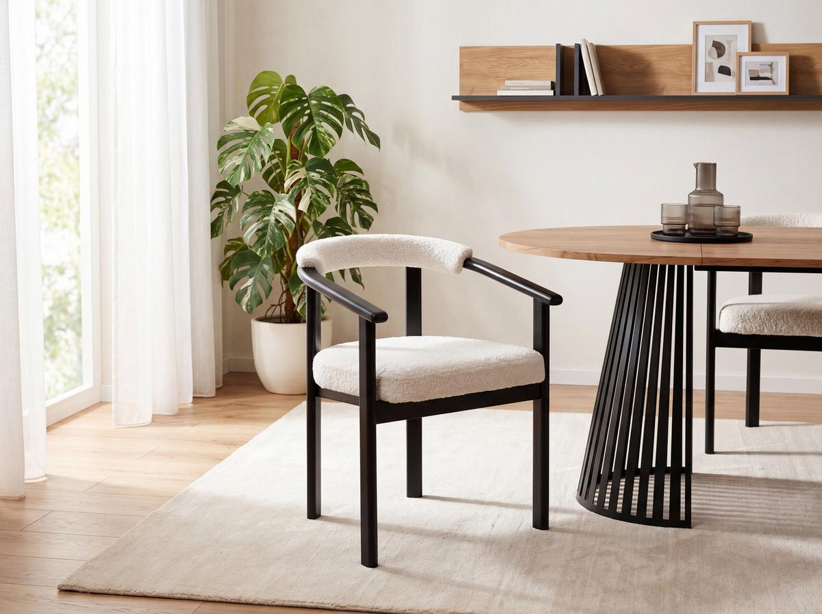 ESSZIMMERSTUHL KIRO 6er Set in Weiß Boucle mit schwarzen Buchenholzbeinen 56/55/73 cm - Schwarz/Weiß, Holz/Textil (58/72/47cm) - WFL GROUP
