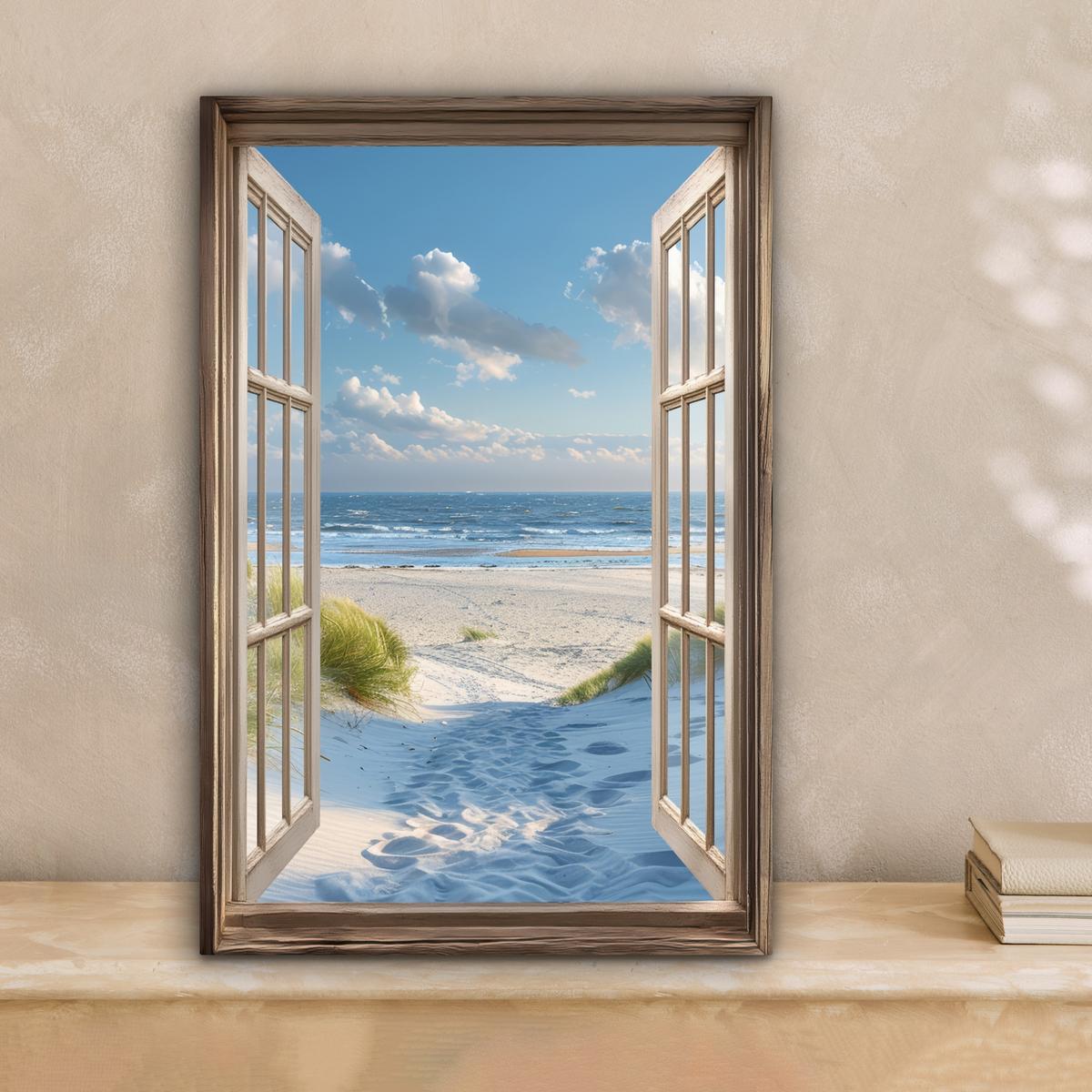 LEINWANDBILD Aussicht - Strand - Fenster - Dünen - Meer Deko Wohnzimmer 20x30 cm - Hellblau, Textil (20/30cm) - MuchoWow