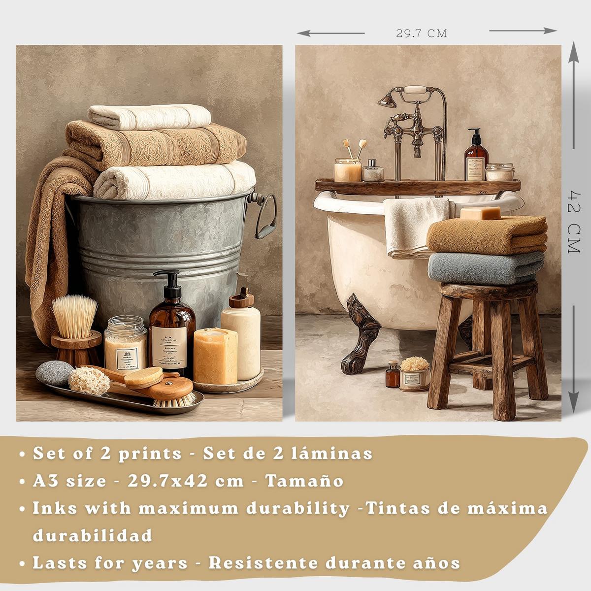 POSTER 2er-Set dekorative Badezimmerdrucke, rustikaler Stil, Vintage-Spa-Bilder mit Handtüchern und Badewanne,, Wohndekoration Leichter Holzrahmen A3 - Beige, Papier (42/29.7/3cm) - Nacnic