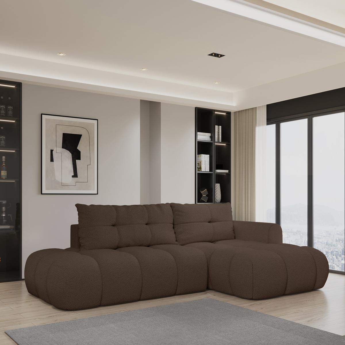 ECKSOFA FLUMA R-S Braun Boucle-Stoff mit Schlaffunktion - Braun, Holz (279/158cm) - MASSENO
