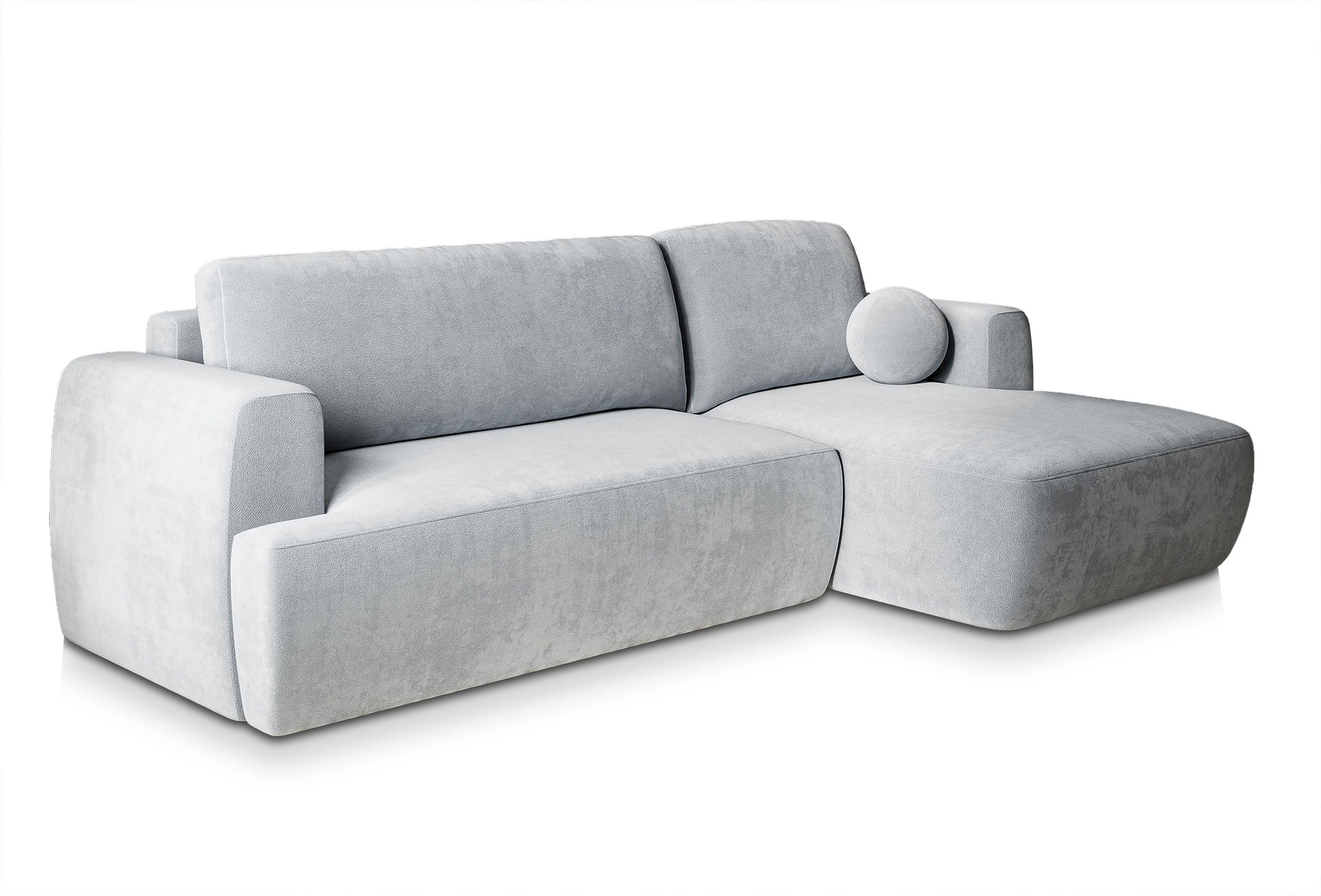 ECKSOFA SENTI K R-S Hellgrau Plüsch-Stoff mit Schlaffunktion - Hellgrau/Schwarz, Holz/Kunststoff (246/148cm) - MASSENO