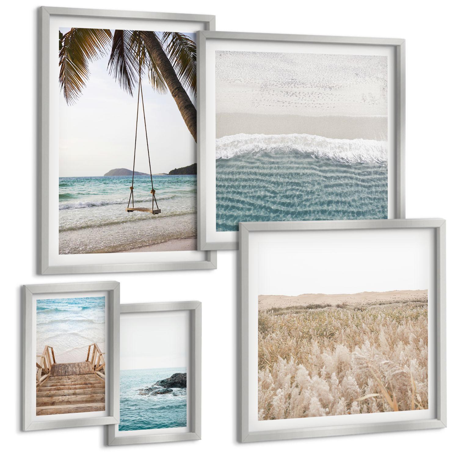 BILDER SET 5er Set - 50x50 cm & 20x30 cm & 40x60 cm Silberner Rahmen - Treppe, Strand, Meerblick, Schaukel - Silberfarben, Kunststoff (40/60cm) - TULUP