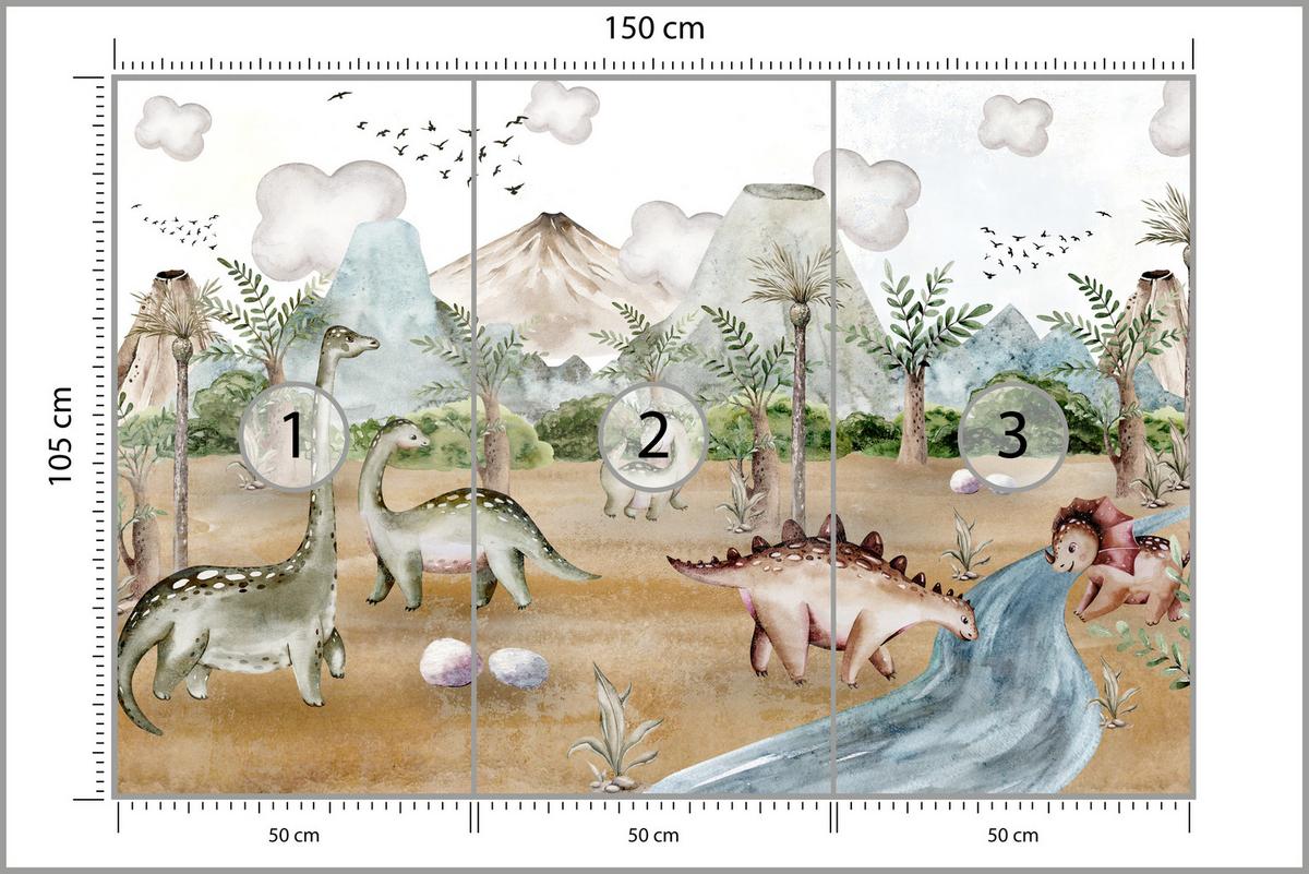 FOTOTAPETE für Kinderzimmer Dinosaurier Welt Vulkane Aquarell Tropische Bäume 150x105 - Blau/Beige, Papier (150/105cm) - Muralo