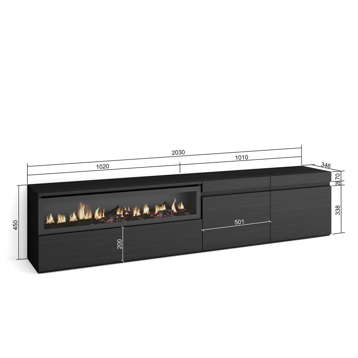LOWBOARD, mit Elektrokamin, Schwarz, 200/35/45cm - Schwarz, Holzwerkstoff (200/45/35cm) - Skraut Home