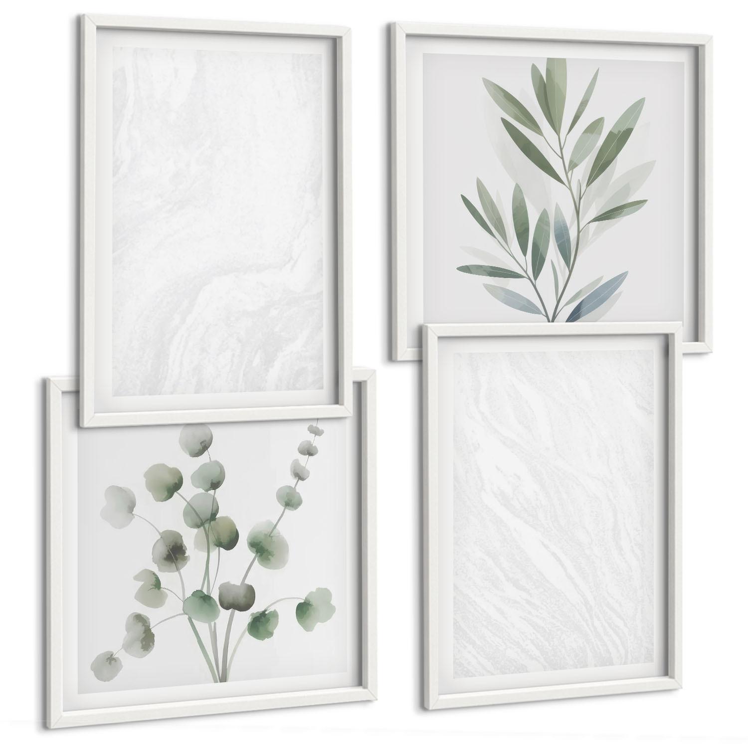 BILDER SET 4er Set - 50x50 cm & 40x60 cm Weißer Rahmen - Marmorstruktur, pastellfarbene Zweige - Weiß, Kunststoff (50/50cm) - TULUP