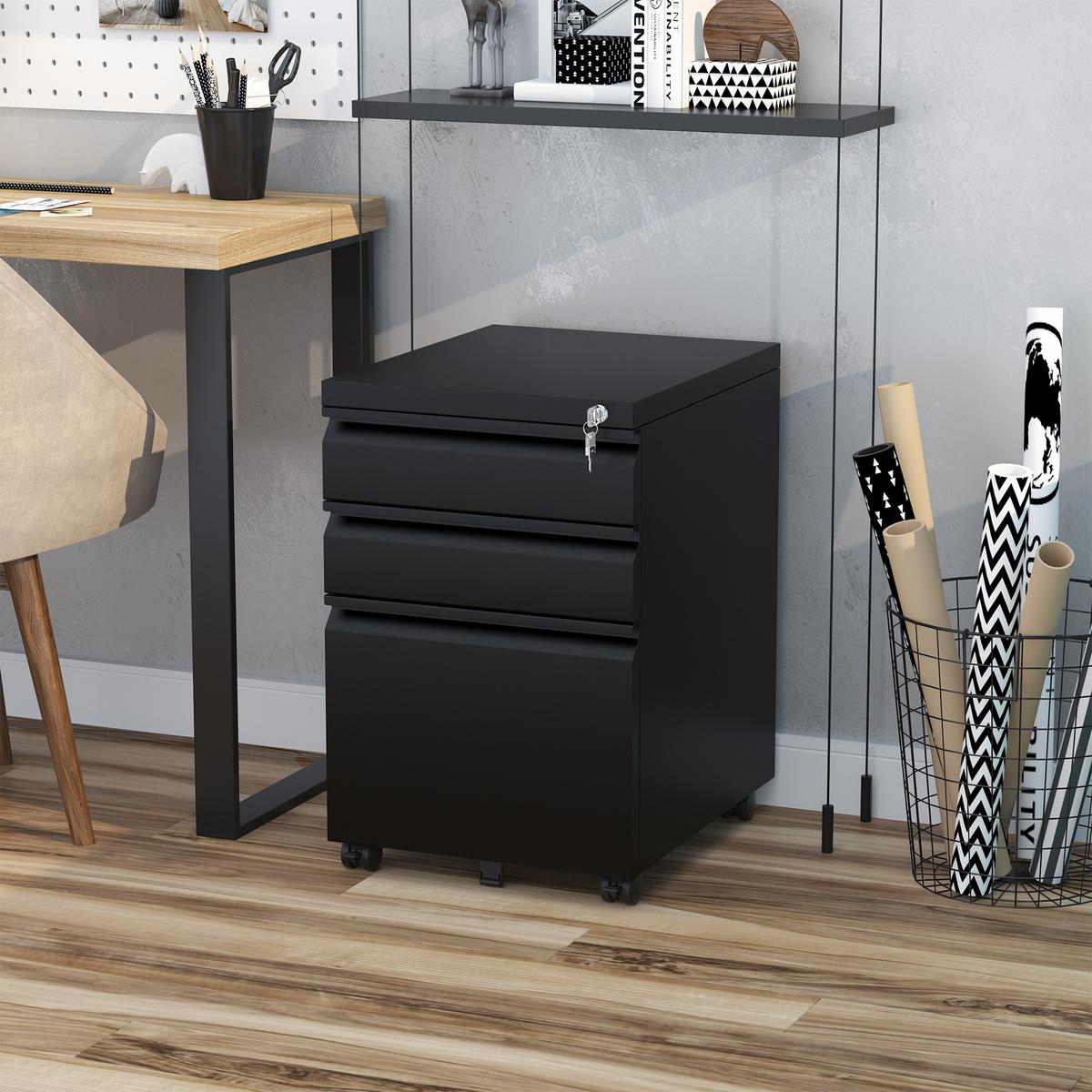 ROLLCONTAINER Aktenschrank Büroschrank mit 3 Schubladen Räder Stahl Schwarz - Schwarz, Metall (48/60/39cm) - Vinsetto