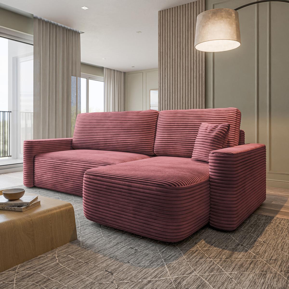 ECKSOFA NERI T Rosa Kordstoff mit Schlaffunktion - Rosa, Holzwerkstoff/Textil (280/157cm) - MASSENO