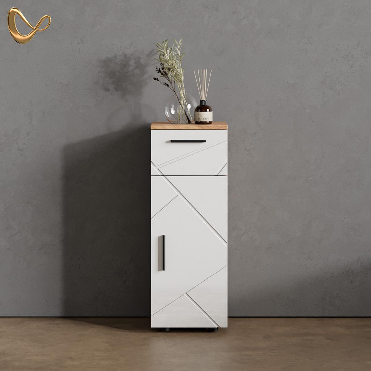 MIDISCHRANK Ronco Weiß Hochglanz/Goldkraft Eiche 30 x 81 cm - Honigeiche/Weiß Hochglanz, Holzwerkstoff (30/81/30cm) - Livinity®