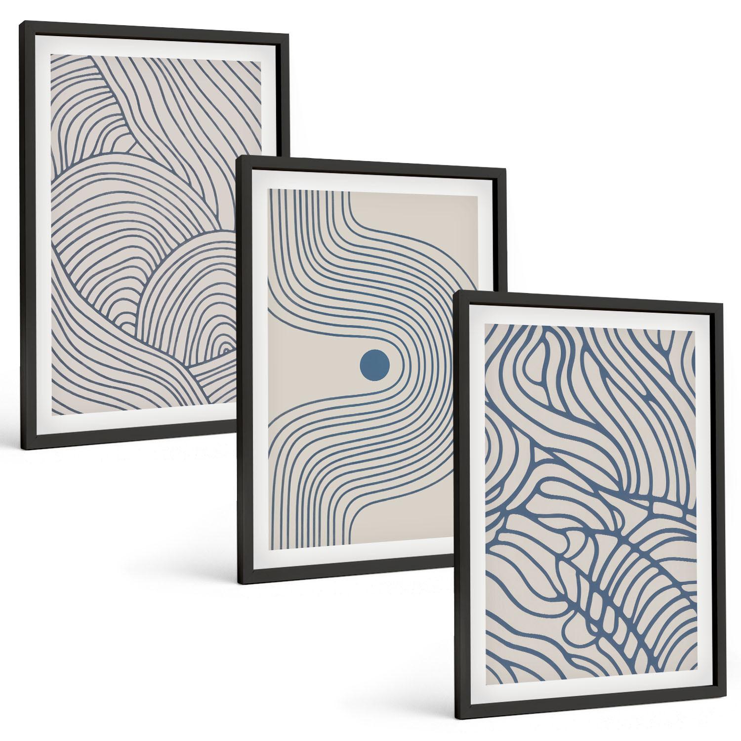 BILDER SET 3er Set - 40x60 cm Schwarzer Rahmen - Abstrakte Linien, Wellenformen - Schwarz, Kunststoff (40/60cm) - TULUP